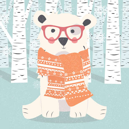 Merry Christmas postcard with hipster polar white bear in forest illustrationのイラスト素材