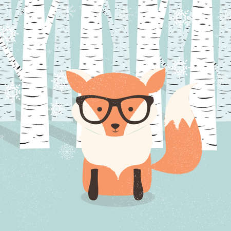 Merry Christmas postcard with hipster cute orange fox in forest illustrationのイラスト素材