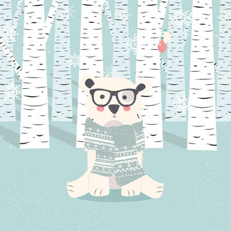 Merry Christmas postcard with hipster polar white bear in forest illustrationのイラスト素材