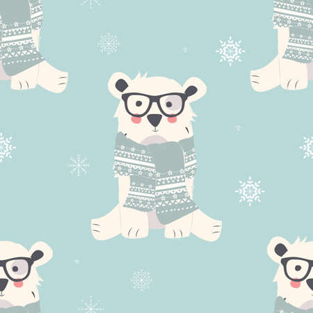 Seamless Merry Christmas patterns with cute polar bear animals, vector illustrationのイラスト素材