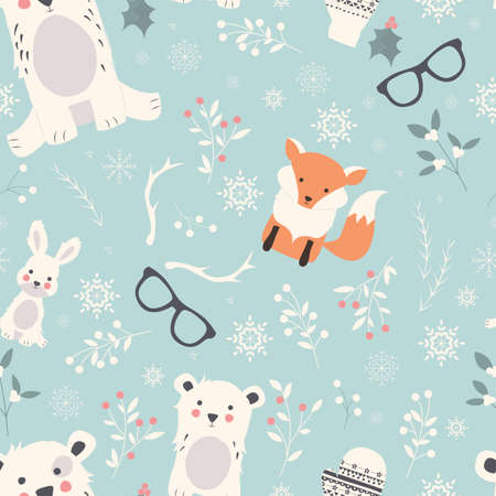 Seamless Merry Christmas patterns with cute polar animals, bears, rabbits, vector illustrationのイラスト素材