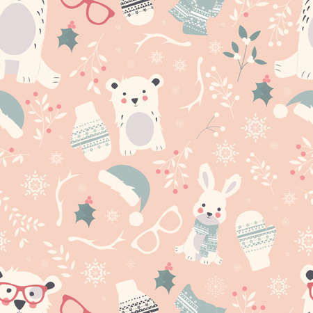Seamless Merry Christmas patterns with cute polar animals, bears, rabbits, vector illustrationのイラスト素材