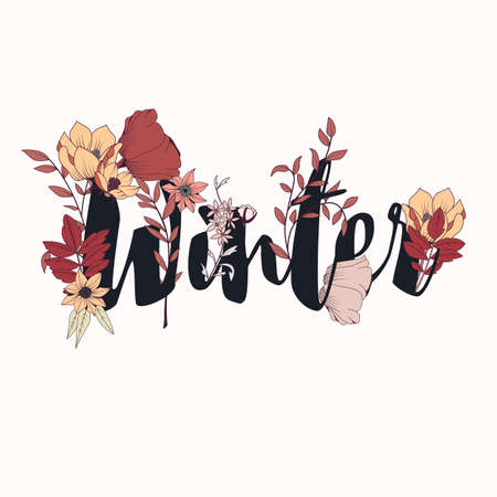 Flowers typography poster design, text and florals combined, hand drawn botanical elements with word Winterのイラスト素材