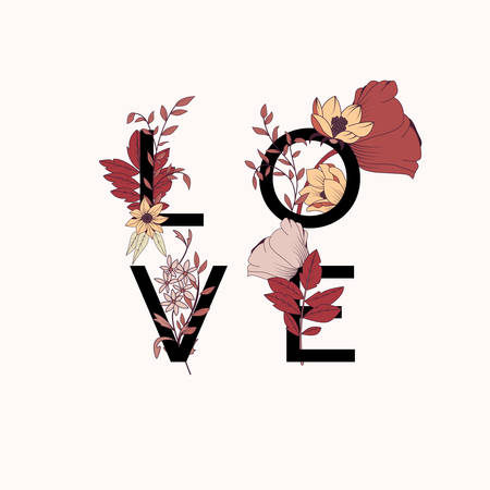 Flowers typography poster design, text and florals combined, hand drawn botanical elements with word Love, vector illustrationのイラスト素材