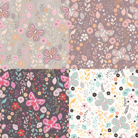 Seamless pattern with flowers, floral elements and butterflies, nature lifeのイラスト素材