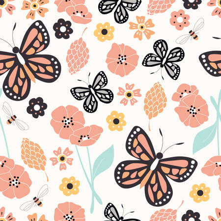Seamless pattern with flowers, floral elements and butterflies, nature lifeのイラスト素材