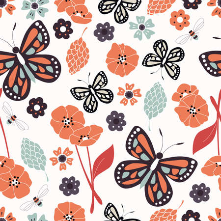 Seamless pattern with flowers, floral elements and butterflies, nature lifeのイラスト素材