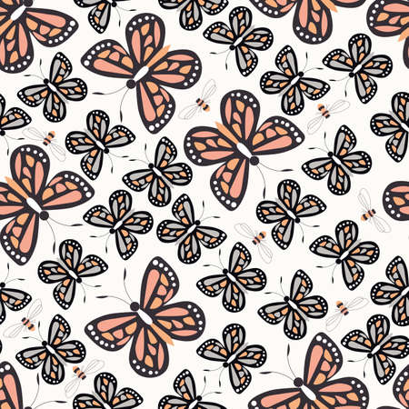 Seamless pattern with colorful butterflies and bees, nature life illustrationのイラスト素材