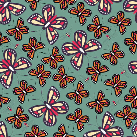 Seamless pattern with colorful butterflies and bees, nature life illustrationのイラスト素材