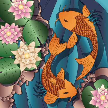 Carp Koi fish swimming in a pond with water lilies, vector illustrationのイラスト素材