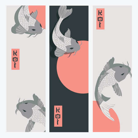 Three vertical banners with carp koi fish swimming around Sun, traditional Japanese style, vector illustrationのイラスト素材