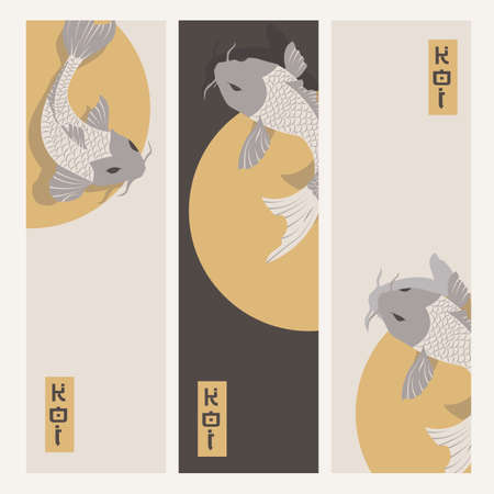 Three vertical banners with carp koi fish swimming around Sun, traditional Japanese style, vector illustrationのイラスト素材