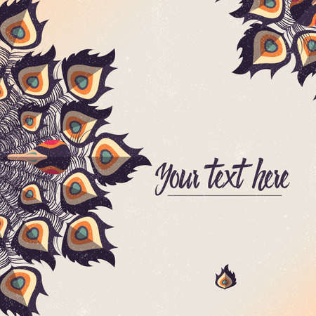 Template card with peacock colorful feathers and place for text, vector illustrationのイラスト素材