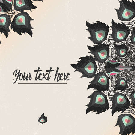 Template card with peacock colorful feathers and place for text, vector illustrationのイラスト素材