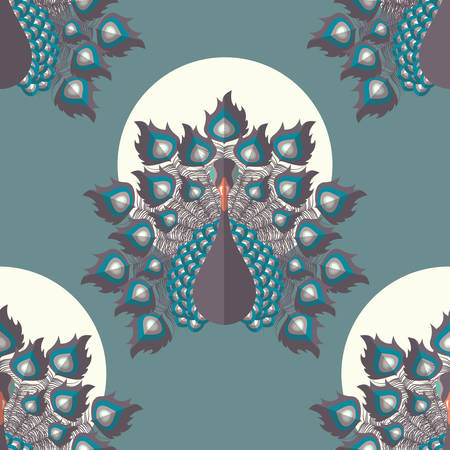 Seamless pattern with colorful peacock birds and feathers, hand drawn, vector illustrationのイラスト素材