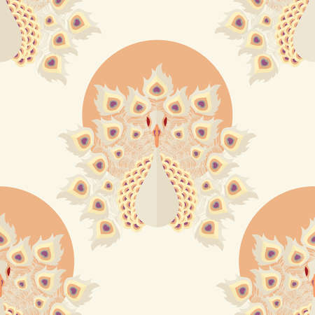 Seamless pattern with colorful peacock birds and feathers, hand drawn, vector illustrationのイラスト素材