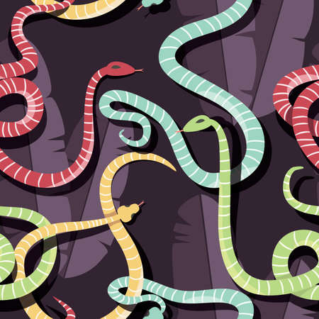 Seamless pattern with colorful intertwined striped rain forest snakes, vector illustrationのイラスト素材