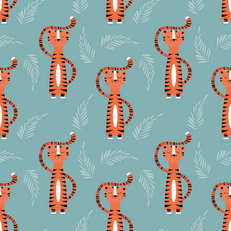 Seamless pattern with cute jungle orange tiger on blue background, vector illustrationのイラスト素材