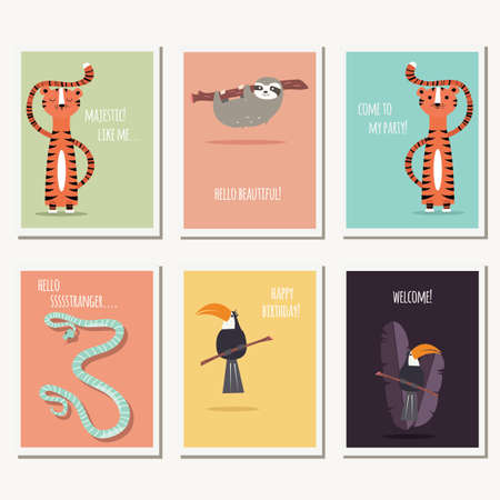 Six greeting cards with cute wild animals and text message, vector illustrationのイラスト素材