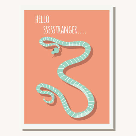 Greeting card with cute blue striped snake and text message, vector illustrationのイラスト素材