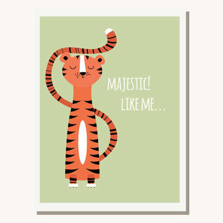 Greeting card with cute tiger and text message, vector illustrationのイラスト素材