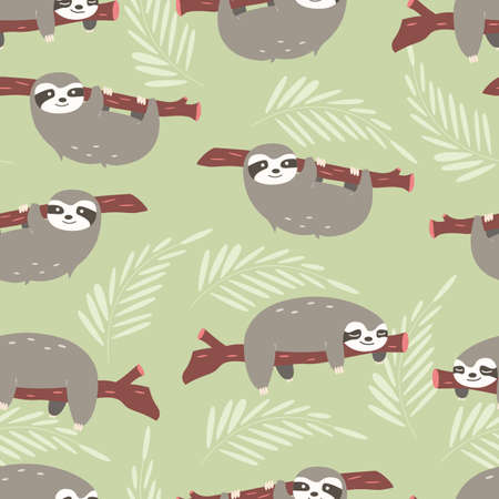 Seamless pattern with cute jungle sloths on green background, vector illustrationのイラスト素材