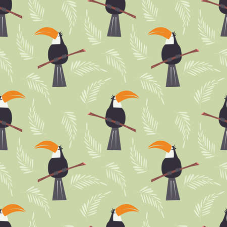 Seamless pattern with cute jungle parrot toucan on green background, vector illustrationのイラスト素材