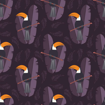 Seamless pattern with cute jungle parrot toucan on purple background, vector illustrationのイラスト素材