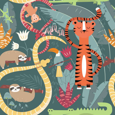 Seamless pattern with cute rain forest animals, tiger, snake, sloth, vector illustrationのイラスト素材