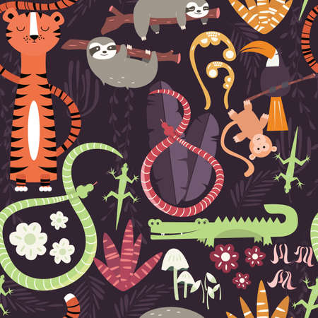 Seamless pattern with cute rain forest animals, tiger, snake, sloth, vector illustrationのイラスト素材