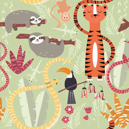 Seamless pattern with cute rain forest animals, tiger, snake, sloth, vector illustrationのイラスト素材
