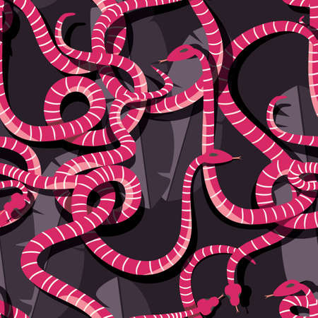 Seamless pattern with colorful intertwined striped rain forest snakes, vector illustrationのイラスト素材