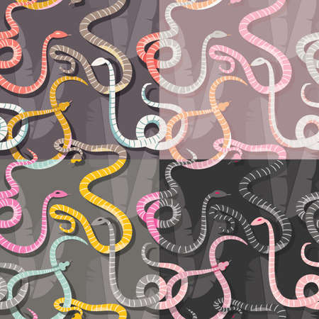 Four seamless patterns with colorful intertwined striped rain forest snakes, vector illustrationのイラスト素材