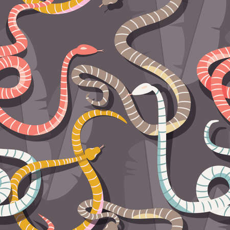 Seamless pattern with colorful intertwined striped rain forest snakes, vector illustrationのイラスト素材