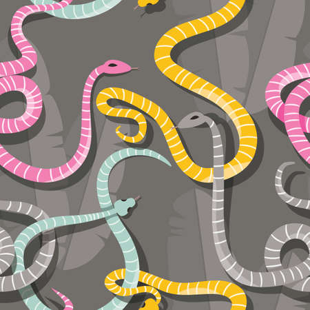 Seamless pattern with colorful intertwined striped rain forest snakes, vector illustrationのイラスト素材