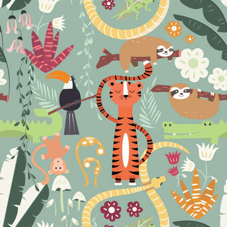 Seamless pattern with cute rain forest animals, tiger, snake, sloth, vector illustrationのイラスト素材