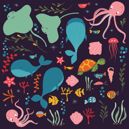 Collection of colorful sea and ocean animals,のイラスト素材