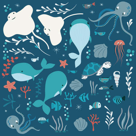 Collection of colorful sea and ocean animals, whale, octopus, stingray, jellyfish, turtle, coral, vector illustrationのイラスト素材