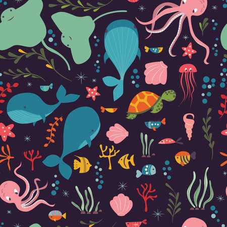 Seamless pattern with underwater ocean animals,のイラスト素材