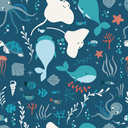 Seamless pattern with underwater ocean animalsのイラスト素材