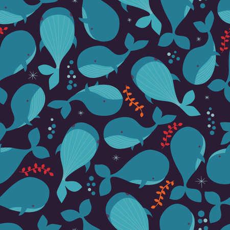 Seamless pattern with underwater ocean animals, cute whales, colorful vector illustrationのイラスト素材