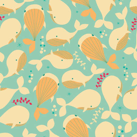 Seamless pattern with underwater ocean animals, cute whales, colorful vector illustrationのイラスト素材
