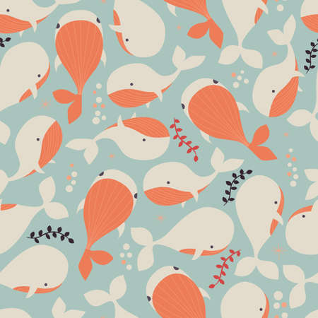 Seamless pattern with underwater ocean animals, cute whales, colorful vector illustrationのイラスト素材