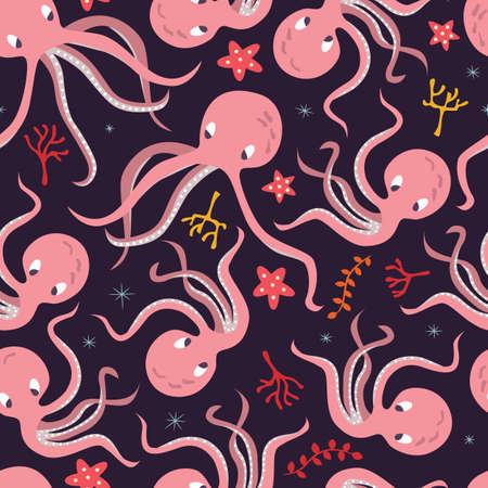 Seamless pattern with underwater ocean animals, cute octopus and starfish, colorful vector illustrationのイラスト素材
