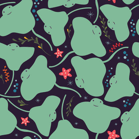 Seamless pattern with underwater ocean animals, cute stingray and starfish, colorful vector illustrationのイラスト素材