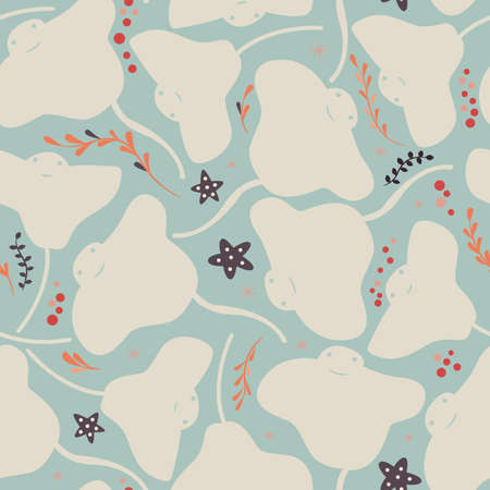 Seamless pattern with underwater ocean animals, cute stingray and starfish, colorful vector illustrationのイラスト素材
