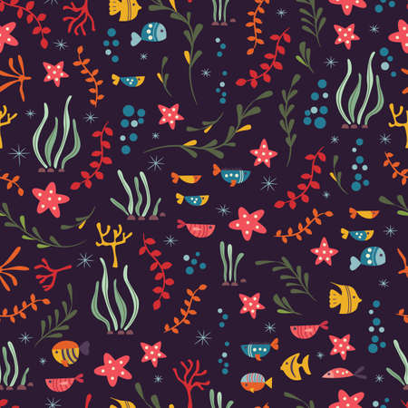 Seamless pattern with underwater ocean animals, cute fish and plants, colorful vector illustrationのイラスト素材