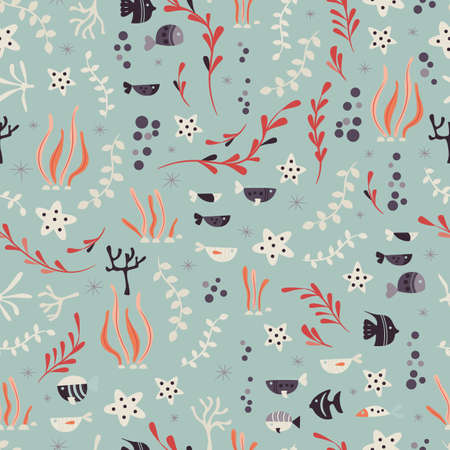 Seamless pattern with underwater ocean animals, cute fish and plants, colorful vector illustrationのイラスト素材