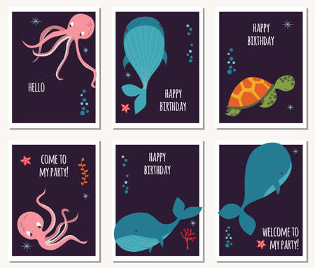 Set of six cards with underwater animals and birthday messagesのイラスト素材
