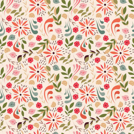 Seamless pattern design with little flowers, floral elements, birds, vector illustration